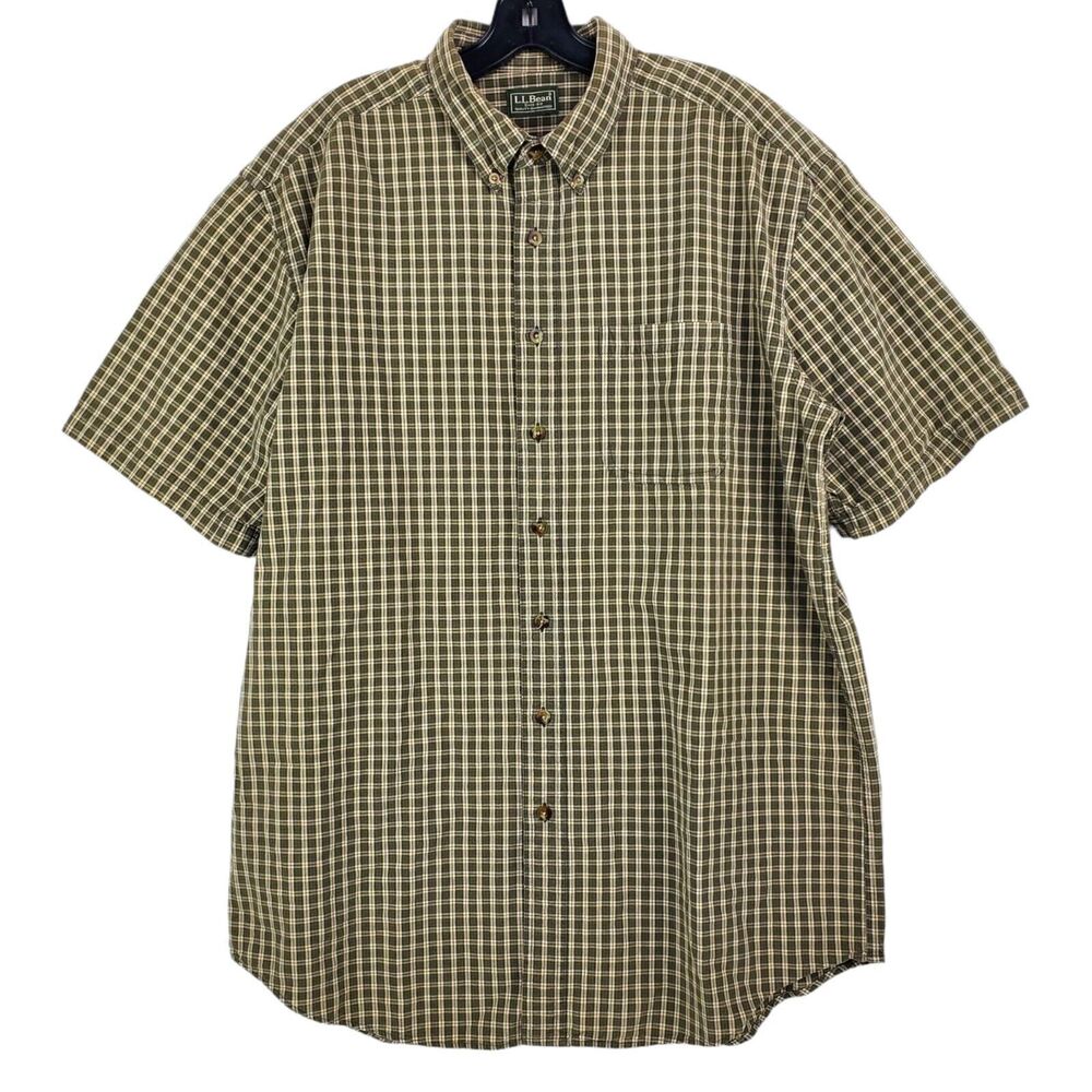 LL BEAN Shirt Mens LT TALL Brown Tartan Plaid Short Sleeve Outdoor Button Up